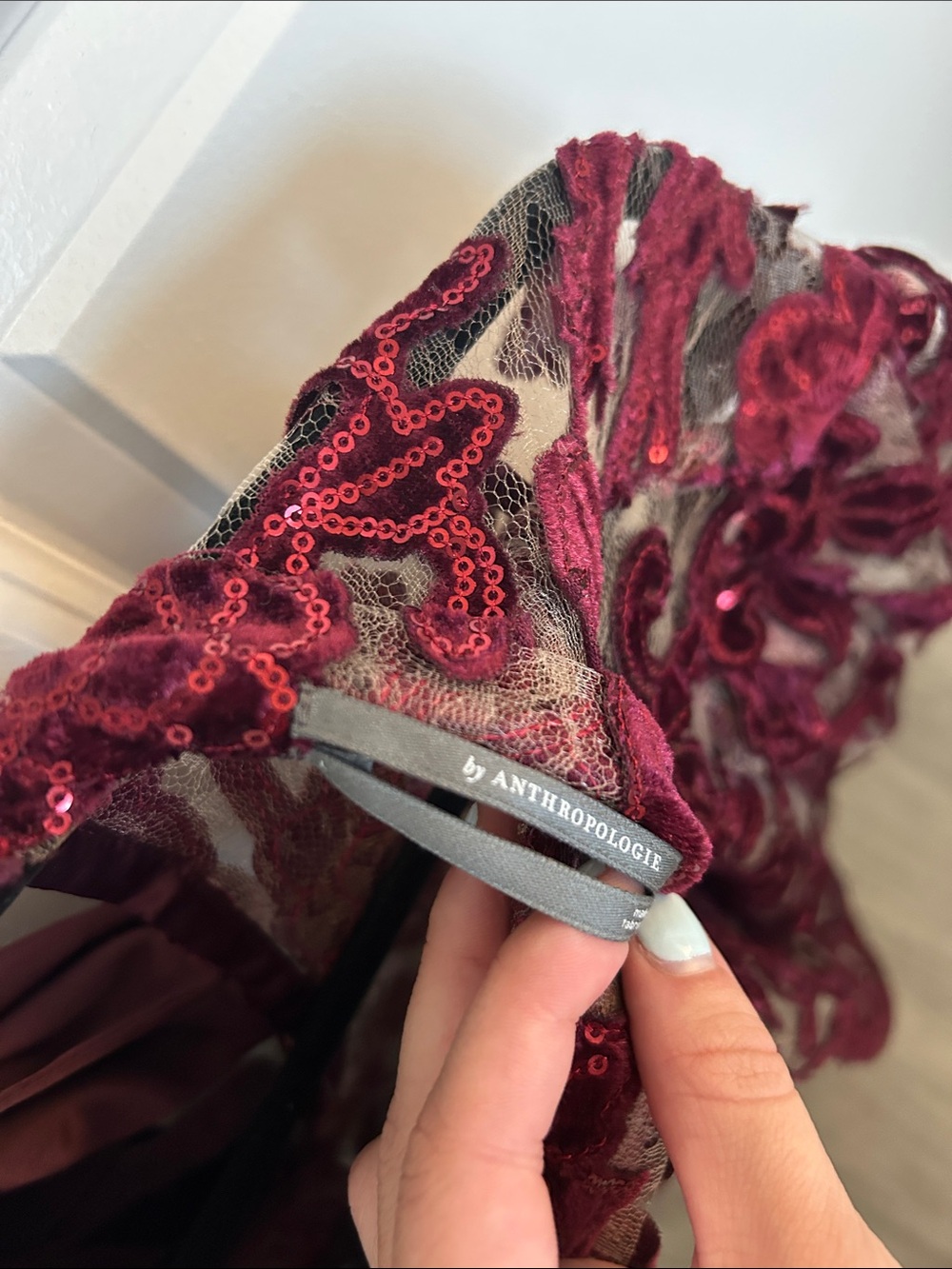 Anthropologie Wine Red Sequin Floral Sheer Blouse - Picture 2 of 3